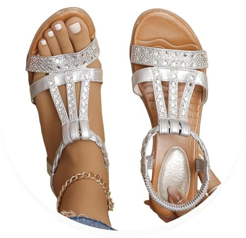 Onsoyours Sandale Femme Compensees Été Mode Élégance Mules Sandales Bout Ouvert Rome Strass Bride Cheville Chaussures pour Plage Vacances B Argent 43 EU