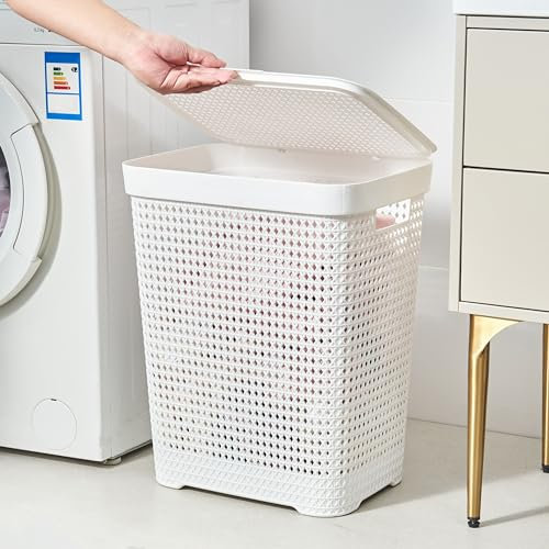 Eden & Willow Large Capacity Plastic Laundry Basket with Lid (60L), with Integrated Handles (White)