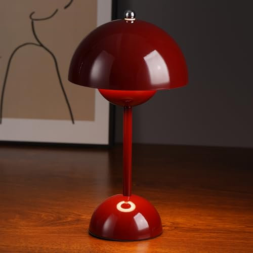 Wine Red Mushroom Table Lamp - 3 Color Stepless Dimmable Touch, Rechargeable Battery Operated Portable LED, Small Bedside Night Light for Indoor Outdoor