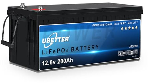 UBETTER 12V 200 Ah LiFePO4 Batterie, 2560Wh Lithium Akku mit 200A BMS, 4000-15000 Mal Deep Cycle Batterien, Unterstützung 4S4P, perfekt als Stromquelle für Innen und Außen