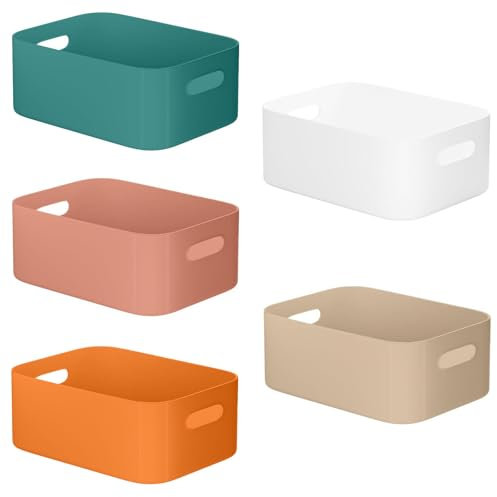 W&H 5 PCS Plastic Storage Boxes with Handle, Medium Kitchen Cupboard Organiser Box, Storage Baskets for Shelves, Plastic Boxes for Bathroom, Kitchen, School and Office -25×17×10cm (Colorful)