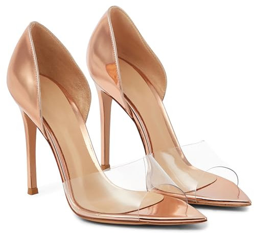 Rozhuhro Punta Aperta a Punta Trasparente Stilletos Scarpe con Tacco Abito alla Moda Slip on Décolleté Scarpe Sexy Festa da Sposa Tacco Alto Comodi Sandali per Appuntamenti quotidiani,Rose Gold,41 EU