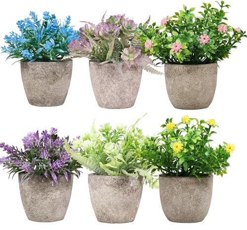 crayfomo 6 Pack Artificial Plants in Pots Mini Fake Plant Greenery Flowerpot, Faux Plants Indoor with Plastic Pot for Office Home Bedroom Living Room Bathroom Desk