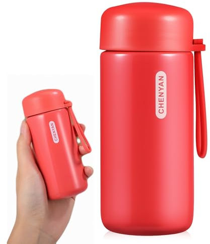 Cabilock Mini Water Bottle Small Flask, 150ml 304 Stainless Steel Water Bottle, Double Wall Vacuum Insulation Travel Flask with Carry Handle for Hot Cold Drinks, Red