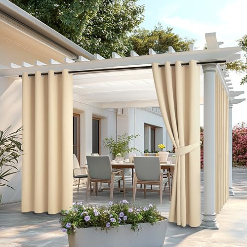MIULEE Outdoor Vorhang 2 Stücke Outdoorvorhänge Wetterfest mit Ösen, Blickdicht Sonnenschutz Wasserdicht Outdoor Außen Gardine für Garten Terrasse Pavillon Veranda Balkon B 140 x H 245 cm Beige