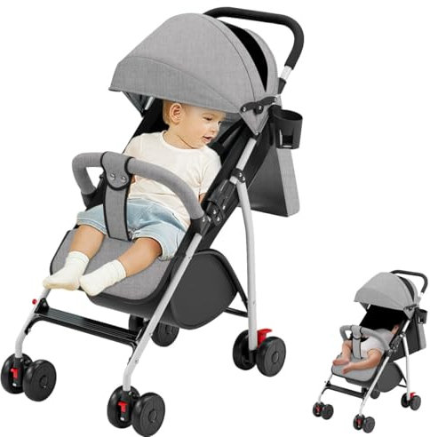 OHMG Kinderwagen mit Griff, 25 kg, 0 – 4 Jahre, kompakter Kinderwagen, faltbar, Einstellung der Rückenlehne bis zur Liegeposition, mit Arand Korb, Schnellfaltsystem, Moskitonetz, Schultergurt