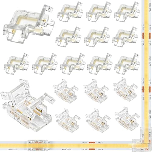 Nuluxi 2 Pin 8 mm Mini-Steckverbinder-Kit für COB LED, 12 Stück Typ L/Winkelstecker, 6 Stück Zwischenstecker zum Anschluss von 12 V 24 V COB LED-Kabel und Lichtstangen
