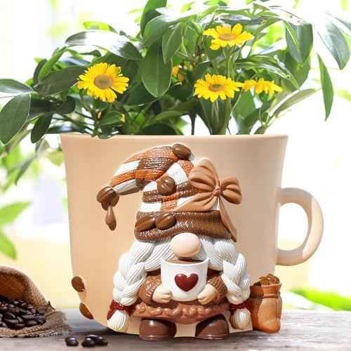 GUGUGO Vaso per piante a forma di gnomo a tazza di caffè, graziosi vasi da fiori unici per piante da interno, piccole fioriere stravaganti con fori di drenaggio, estetica eclettica per la casa