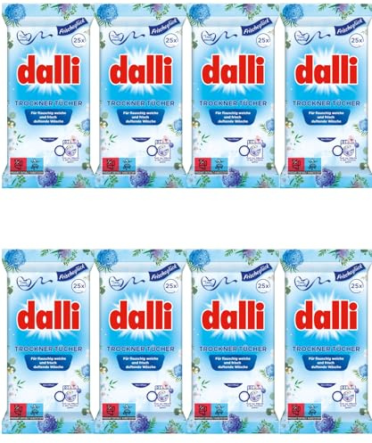 dalli Trockner-Tücher I für ca. 200 Trocknungsvorgänge | 8 x 25 Tücher (200 Tücher) I macht die Wäsche flauschig weich und bügelleichter