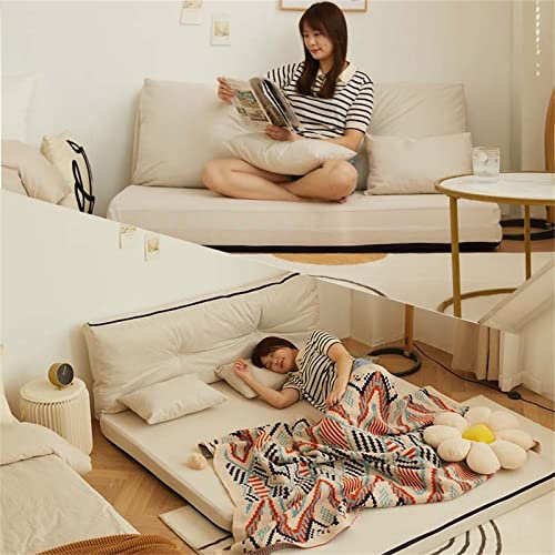 Convertible Flip Floor Sofa Adjustable Lazy Sofa Bed Foldable Mattress Futon Couch Bed with Adjustable Back Rest Metal Frame and Pillows Beige