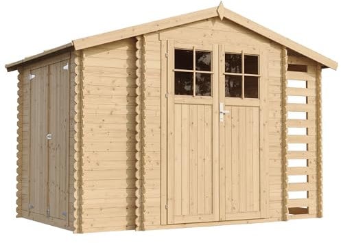 Holzhaus Gartenhaus mit Brennholzschuppen TIMBELA M389F+M389G - mit Boden Imprägnierte B328xL206xH218 cm/ 3,53 + 0,97 + 0,97 m2 Lagerschuppen für Garten - Fahrrad Schuppen - Wasserfestes Dach