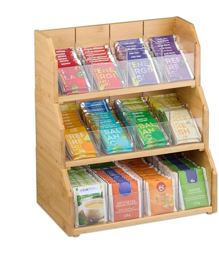 Relaxdays Tee Organizer, 12 Fächer, Bambus, HBT: 36x31x19 cm, Tee & Kaffeepads, Teebeutelbehälter mit Trennwänden, Natur