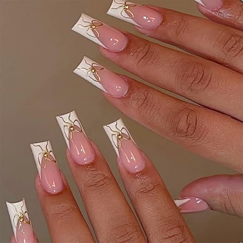 24 Pcs French Tip Press On Nails Mediums Length Coffin False Nails Full Covers Stick On Nails Bows Artificial Nails