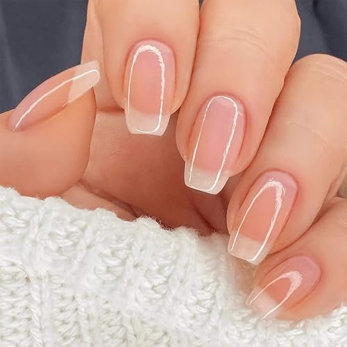 24PCS Gradient White Square False Nails - French Tip Press on Nails Short - 12 Sizes Glossy Nude Fake Nails with Glue - Full Cover Acrylic Stick on nails for Women Girls Nail Art DIY