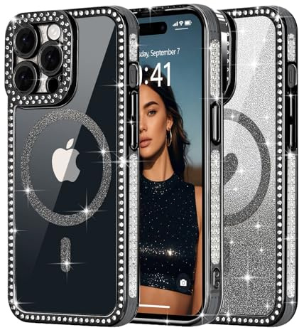 Ethanger Magnetic Glitter Case for iPhone 14 Pro Max, Bling Border, Black | Compatible with MagSafe, Sparkle Rhinestone Border, with Removable Glitter Insert, Protective Shockproof for Women Girls