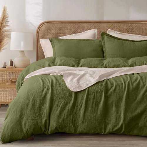 Sedefen Doppelte Musselin Bettwäsche 200x200 Baumwolle,Grün Olivgrün Bettwäsche Sets ÖKO-TEX Bettwäsche mit Reißverschluss,Bettbezug mit 2 Kissenbezüge 80x80 cm