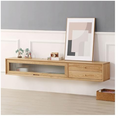 Floating TV Stand Wall Hanging TV Stand Wall Mounted Floating TV Cabinet with 2 Large Storage Drawers and One Open Shelve with Glass Door TV Console Table Hanging Entertainment Media Cabinets Floating