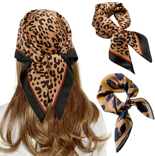 MLPKOI 2 Stück 70 cm Satin-Kopftuch, Quadratische Schals für Damen Halstuch mit Leoparden Bandana Damen, Weich und Vielseitig Tragbar für Taschentuch, Hals, Handgelenk