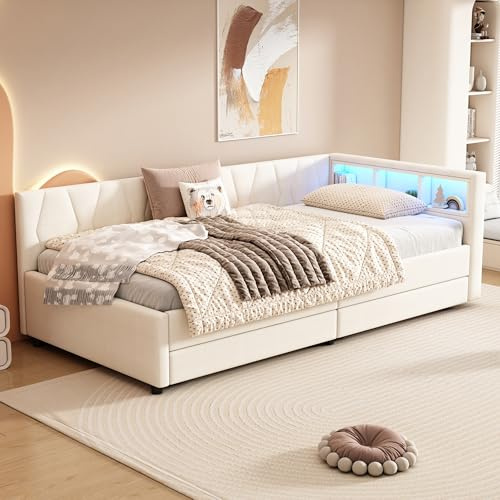 Merax Schlafsofa Tagesbett 90x200 cm mit Zwei Schubladen, LED-Lichtstreifen, USB+Type-C, Ablagefach am Bett, Bettrahmen mit Lattenrost (ohne Matratze), Leinen, Beige