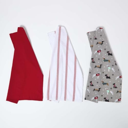 HOMESCAPES Set of 3 Christmas Tea Towels, Premium 100% Cotton Kitchen Dish Towels, Super Soft & Absorbent for Drying Cleaning Baking, Festive Red & White Christmas Dogs, Washable T Towels