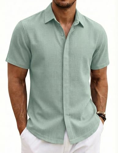 COOFANDY Camisa Hombre Manga Corta Verano 100% Algodón Camisas Hombre Casual Regular Fit Verde Claro L