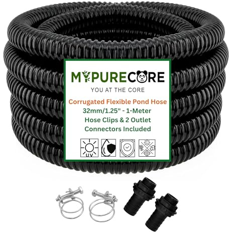 MYPURECORE Corrugated Flexible Pond Hose Set – 32mm / 1.25 PVC Hose with 2 Double-Wired Metal Clips & 2 Barbed Water Tank Outlet Connectors – for Pond Pumps, Waterfalls & Drainage (2-Meter)