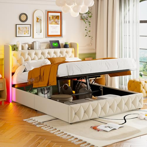 Boxspringbett 140x200cm mit Stauraum, Polsterbett Doppelbett mit Lattenrost, Hydraulisches Stauraumbett mit Bettkasten, Jugendbett mit LED und USB, Funktionsbett Flachbett, Samt, Beige (140x200cm)