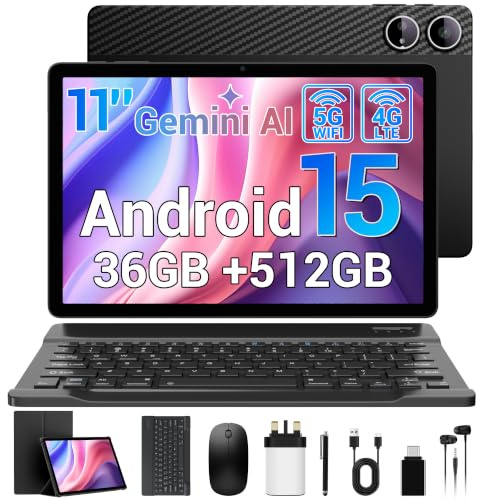 11 Inch Tablet, 36 GB RAM+512 GB/1TB TF, Dual SIM 4G LTE+5G/2.4GHz WiFi, Octa-Core 2.0GHz, Widevine L1/Gemini AI/GPS/OTG/3.5mm Jack/BT/13MP, Android 15 Tablet with Keyboard/Mouse/Stylus/Earphone/Case