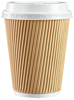 GUSTO [12 oz. - 350 ml - 50 Set Bicchieri di Carta Ondulata Isolanti Kraft, Bicchieri da Caffè Usa e Getta con Coperchi - Ideali per Bevande Calde, Viaggi e Uso in Ufficio - Formerly Comfy Package
