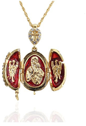 Pendentif Orthodoxe Oeuf Style Fabergé Rouge Ouvrant Croix et 3 Parties Contenant en Son Centre la Vierge et l'enfant entourée de 2 Anges
