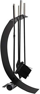 ADGO - Set di attrezzi per camino, 5 pezzi, stile moderno, poker, pennello, paletta, pinza, supporto in acciaio INOX, colore: Nero