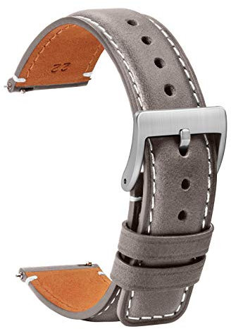 TStrap Leder Uhrenarmband 20mm - Weich Grau Quick Release Uhrenarmbänder Ersatz - Sport Uhrenarmband für Herren Damen - Smartwatches Armband mit Silber Schließe Haspe - 18mm 20mm 22mm