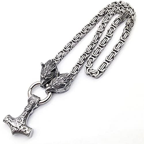 JAOYU Wolf Head Viking Necklace Thor's Hammer Necklace Mjolnir Pendant Norse Jewelry Stainless Steel King Chain - Teens, Men Gifts