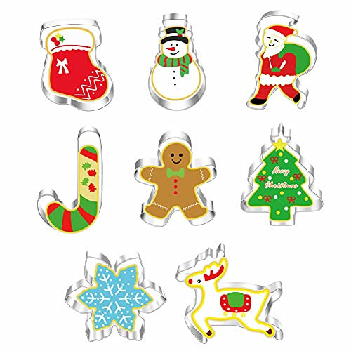 Moldes Galletas Navidad 8 piezas, molde para hornear de acero inoxidable -Papá Noel, copos de nieve, muñeco de nieve, árbol de Navidad