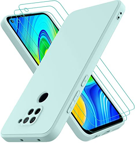 Coque pour Xiaomi Redmi Note 9, avec 3 Verre trempé Protection écran, Housse Silicone TPU, Fin et Léger, Étui de Protection Contre Les Chocs et Les Chutes, Vert Clair