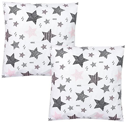 TupTam Kinder Kissenbezug Dekorativ Gemustert mit Hotelverschluss 2er Set, Farbe: Sterne Rosa/Schwarz, Größe: 80 x 80 cm