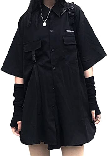 ORANDESIGNE Mädchen Damen Schwarz Kurzes Langarmshirt/Kurzarm Langes Hemd und Kurzer Faltenrock Zweiteiliger Punk Anzug Gothic Kurzarm Freizeitkleid Lässige Kleidung Frühling Herbst C Top L