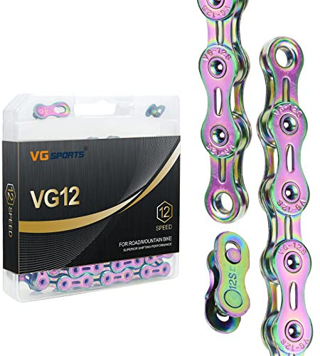 VG SPORTS Cadenas de bicicleta de 12 velocidades, cadenas de bicicleta ligeras medio huecas para bicicleta de carretera/MTB/BMX, plata/oro/titanio/arco iris con eslabón perdido…