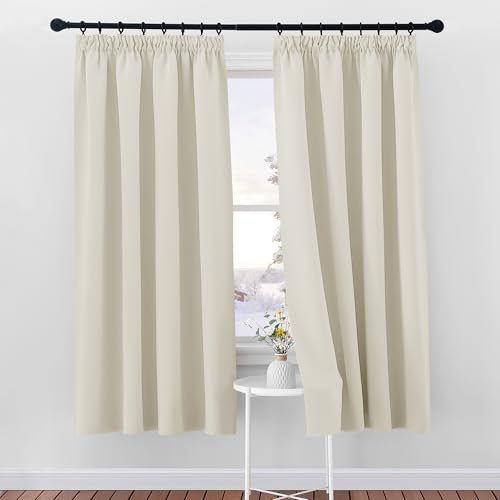 PONY DANCE Thermo Vorhänge gegen Hitze Gardinen mit Kräuselband für Schiene 2er Set H 175 x B 140 cm Hellbeige, Verdunklungsvorhänge Kurz Übergardinen Wohnzimmer Blickdicht