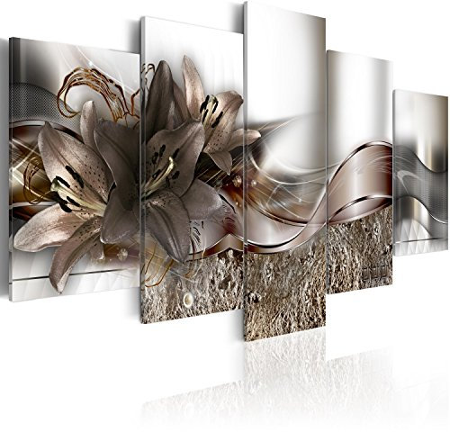 B&D XXL - Wandbilder XXL Blumen 150x75cm 5 tlg - Wand Deko Leinwand Bilder Groß Wanddeko Wohnzimmer Schlafzimmer Kunstdrucke - Lilien Abstrakt Diamant Textur silber b-A-0273-b-o
