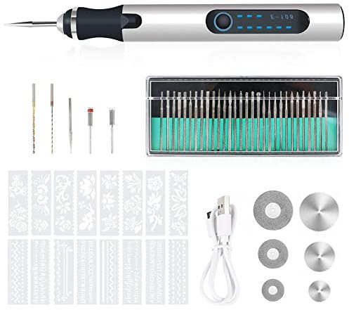 Gravierwerkzeugsatz, USB Mini Gravierstift Mit Gravurzubehör, Kabelloses Graviergerät Für Metall Glas Holz Stein Schmuck Nägel Keramik (Silber-1)