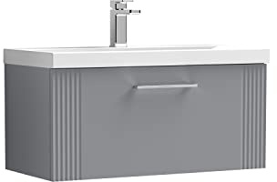 nuie DPF296A Deco Modern Bathroom Wall Hung 1 Drawer Part Fluted Vanity Basin Unit with Mid-Edge Ceramic Basin, 800mm, Satin Grey
