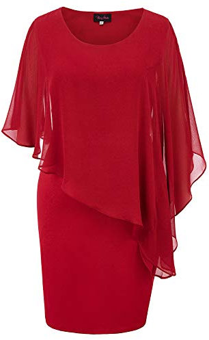 Hanna Nikole Womens Chiffon Overlay Dress Solid Color Batwing Dress Red M