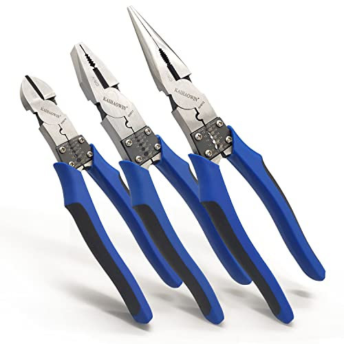 KAIHAOWIN 3 PCS Multifunctional Pliers, Heavy Duty 8 Diagonal Cutting Pliers, 8 Linesman Pliers, 9 Needle Nose Pliers with Portable Tools Belt Holsters