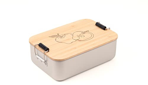 TROIKA Lunchbox mit Bügelverschluss und Apfelmotiv aus Aluminium und Bambus, Deckel als Schneidebrett verwendbar, Maße: 18cm x 11,6cm x 5,5cm, BOX22-A187