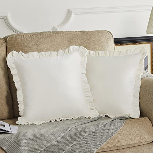 GIGIZAZA Samt-Kissenbezüge, 55,88 x 55,88 cm, Set mit 2 dekorativen Kissenbezügen mit Rüschen, für Sofa, elfenbeinfarben