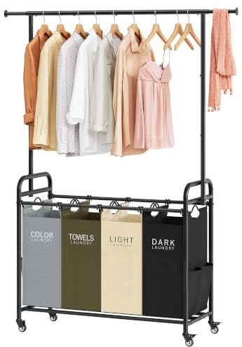 Tajsoon Laundry Sorter Cart with Hanging Clothes Rack, 4 Butler Sorter Basket Organizer, Laundry Hamper Cart with Heavy Duty Rolling Lockable Wheels, 4 Colors