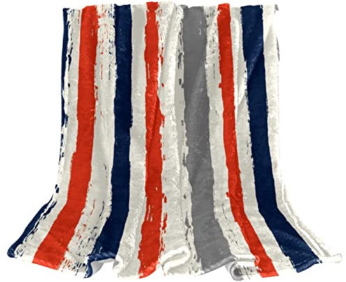 Manta de forro polar para sofá, ligera, afelpada, con tinta, color azul marino, rojo y gris a rayas