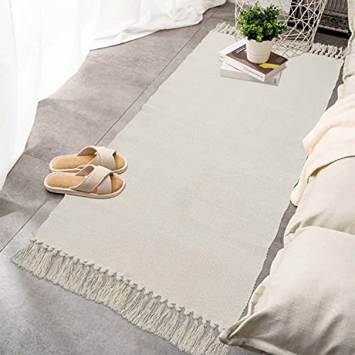 Seavish Boho-Teppich mit Quaste, 5x11.2 cm, Beige, niedriger Flor, Eingangsbereich, handgewebt, Bauernhaus-Akzent, Überwurf, Teppich, wendbar, Badezimmerteppich, Schlafzimmer, Haustürdekoration