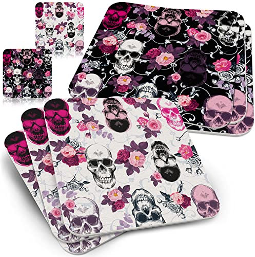 Funke & Brand Totenkopf mit Rosen - 50x Untersetzer für Gläser Eckig - Bierdeckel Skull - Ausgefallene Rockabilly Deko - Coaster Getränkeuntersetzer Totenkopf